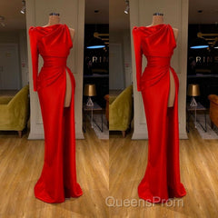 One-shoulder Long sleeves High-split Soft pleated Red Evening Prom Dress