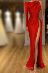 One-shoulder Long sleeves High-split Soft pleated Red Evening Prom Dress