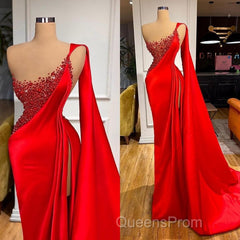 Unique Red Stones Sleeveless High split mermaid Evening Dress