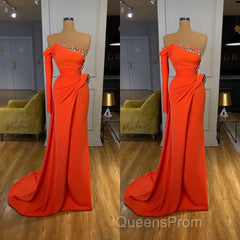 Long sleeves Strapless Orange Sequined Long Evening Prom Dress