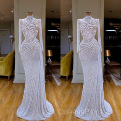 Sparkle White Sequin Long sleeves Pleated Long Evening Prom Dress
