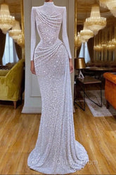 Sparkle White Sequin Long sleeves Pleated Long Evening Prom Dress