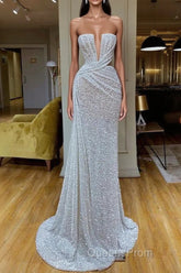 Plunging V-neck Sparkle White Sequined Strapless Evening Prom Dress
