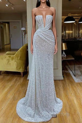 Plunging V-neck Sparkle White Sequined Strapless Evening Prom Dress