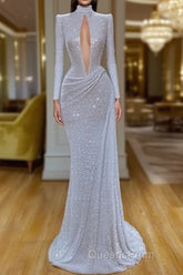 Stunning Long Sleeve High Neck Sequins Evening Prom Dress Mermaid Long