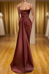 Burgundy Spaghetti-Straps Mermaid Ruffles Evening Prom Dress Long