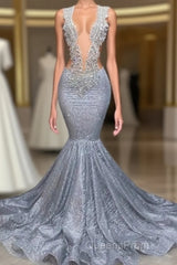 Silver Sequins Mermaid Evening Prom Dress Long With Beads