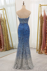 Sparkly Ombre Blue Mermaid Strapless Long Sequin Evening Prom Dress