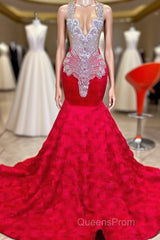 Charming Long Mermaid Jewel Satin Beading Evening Prom Dress Red Formal Gowns