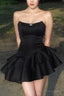 Chic Strapless Black Satin Short Prom Dresses, Layered Black Homecoming Dresses, Short Black Formal Graduation Evening Dresse