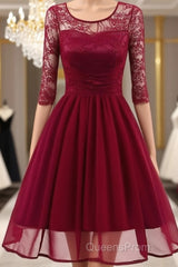 Classy Short Vintage Maroon Evening Prom Dress with Sleeves