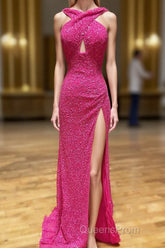 Cross Front Hot Pink Sequins Mermaid Long Formal Dress