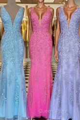 Plunge V Neck Lace Appliques Long Evening Prom Dress