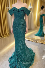 Off the Shoulder Burgundy Sequins Mermaid Long Formal Dress