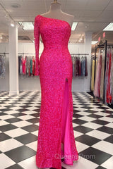 One Shoulder Long Sleeve Mermaid Sequin Long Dress