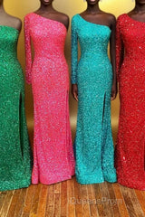 One Shoulder Long Sleeve Mermaid Sequin Long Dress