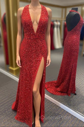 Simply Red Sequin Mermaid Long Evening Prom Dress with Slit