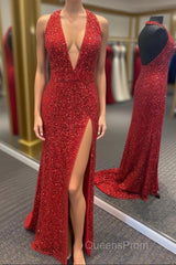 Simply Red Sequin Mermaid Long Evening Prom Dress with Slit