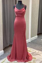 Mauve Mermaid Cowl Neck Straps Long Prom Dress