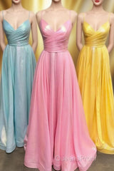 Simple A-line Pleated Spaghetti Straps Long Evening Prom Dress
