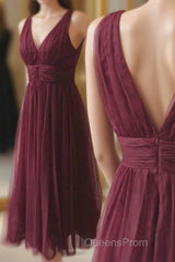 V-neck Sleeveless Tulle Mid length Evening Prom Dress, Homecoming Dress