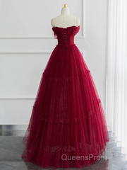 Burgundy A-line Off Shoulder Tulle Shiny Long Evening Prom Dress