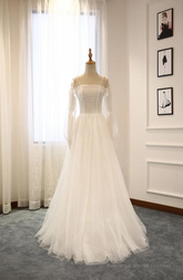 White A-Line Straps Long Sleeves Tulle Long Wedding Dresses