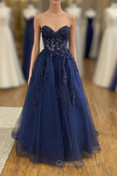 Dark Navy Long A-line Tulle Lace Backless Formal Evening Prom Dress