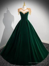 Dark Green Velvet Prom Dress Vintage Gold Beaded Neckline Evening Gown