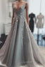 Deep V Neck Sleeveless Evening Prom Dress Long Party Gown with Appliques