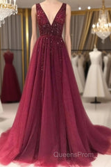 Custom Made Burgundy Tulle Lace Appliques Top Evening Prom Dress Long