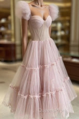 Dusty Rose Teried Tulle Tea Length Evening Prom Dress