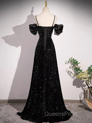 A-Line Off Shoulder Velvet Sequin Long Black Evening Prom Dress, Black Long Evening Dress