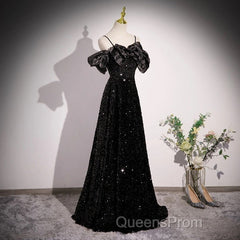 A-Line Off Shoulder Velvet Sequin Long Black Evening Prom Dress, Black Long Evening Dress