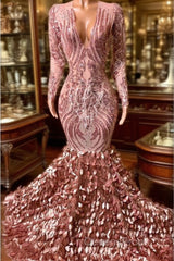 Elegant Long Mermaid V-neck Appliques Lace Evening Prom Dress with Sleeves