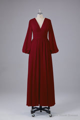 Elegant Long Sleeves V Neck Chiffon Long Bridesmaid Dresses
