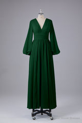 Elegant Long Sleeves V Neck Chiffon Long Bridesmaid Dresses