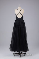 Elegant Tulle Spaghetti Straps Backless Floor Length Evening Prom Dress