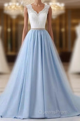 Elegant Long Blue Evening Prom Dress with White Lace Top | Senior School Formal Dress