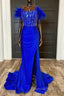Side Slit Royal Blue Feathered Shoulder Beaded Long Evening Prom Gown