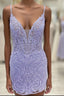 Plunging Neck Lavender Embroidery Bodycon Homecoming Dress