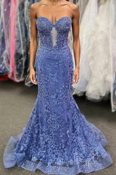 Sweetheart Periwinkle Keyhole Mermaid Evening Prom Dress with Appliques