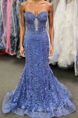 Sweetheart Periwinkle Keyhole Mermaid Evening Prom Dress with Appliques