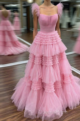 Cold Shoulder Pink Feathers A-Line Tiered Evening Prom Dress