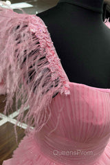 Cold Shoulder Pink Feathers A-Line Tiered Evening Prom Dress