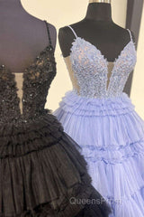 Plunging V-Neck Straps Appliques Layered Evening Prom Dress