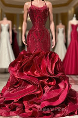 Fabulous Burgundy Long Mermaid Spaghetti Straps Satin Lace Evening Prom Dress