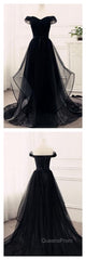 Flowy Tulle Off Shoulders Tulle Black Evening Prom Dress