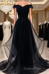 Flowy Tulle Off Shoulders Tulle Black Evening Prom Dress