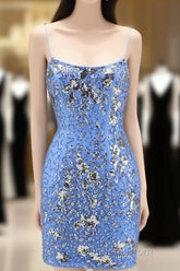 Glitter Blue Spaghetti Straps Beaded Sequins Short Tight Homecoming Dress